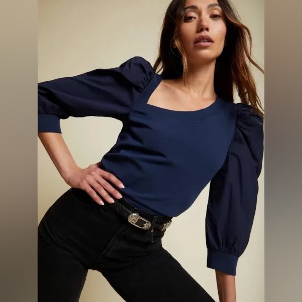 Nation asymmetrical neck puffy sleeve shirt